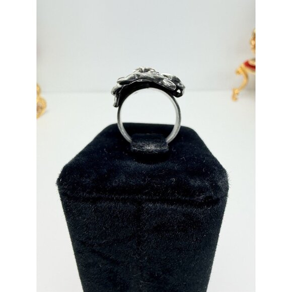 Vtg Art Nouveau Statement Ring Large Silver Leaves Rhinestone Runway Sz 6 - Picture 5 of 10